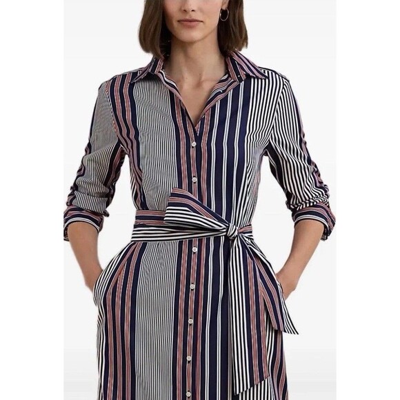 Lauren Ralph Lauren Navy Red Striped Cotton Shirtdress Black Label Size 12 - Picture 3 of 10